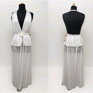Vintage Stan Herman Nylon Nightgown Dress White Lettuce Hem Backless Peplum Sz L